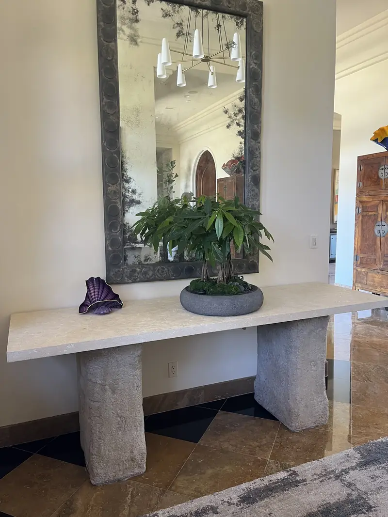 A small tree in a stone bowl on a console