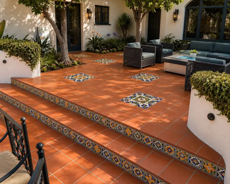 A saltillo terrace with Talavera tile on the stair risers